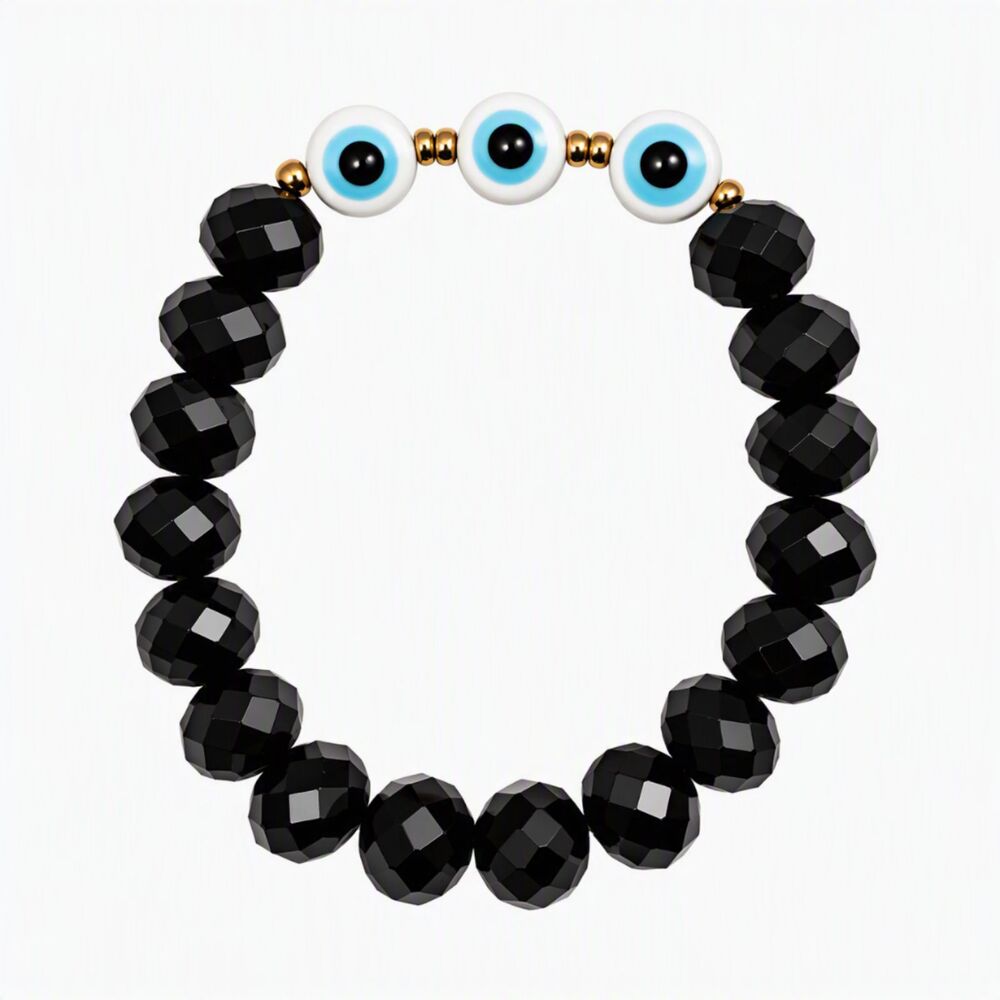 Henna Shoppe Black Faceted & Evil Eye Beaded Stretch Bracelet Courage Willpower